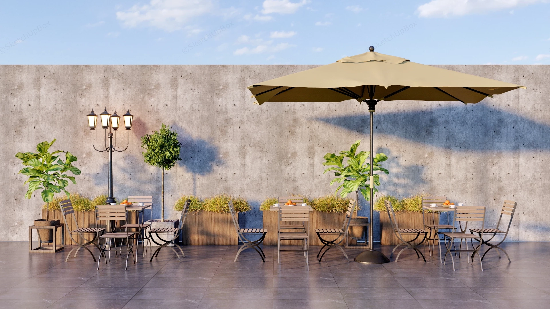 Outdoor Cafe Patio Seating Area Sketchup 3D Model Preview - SketchupBox