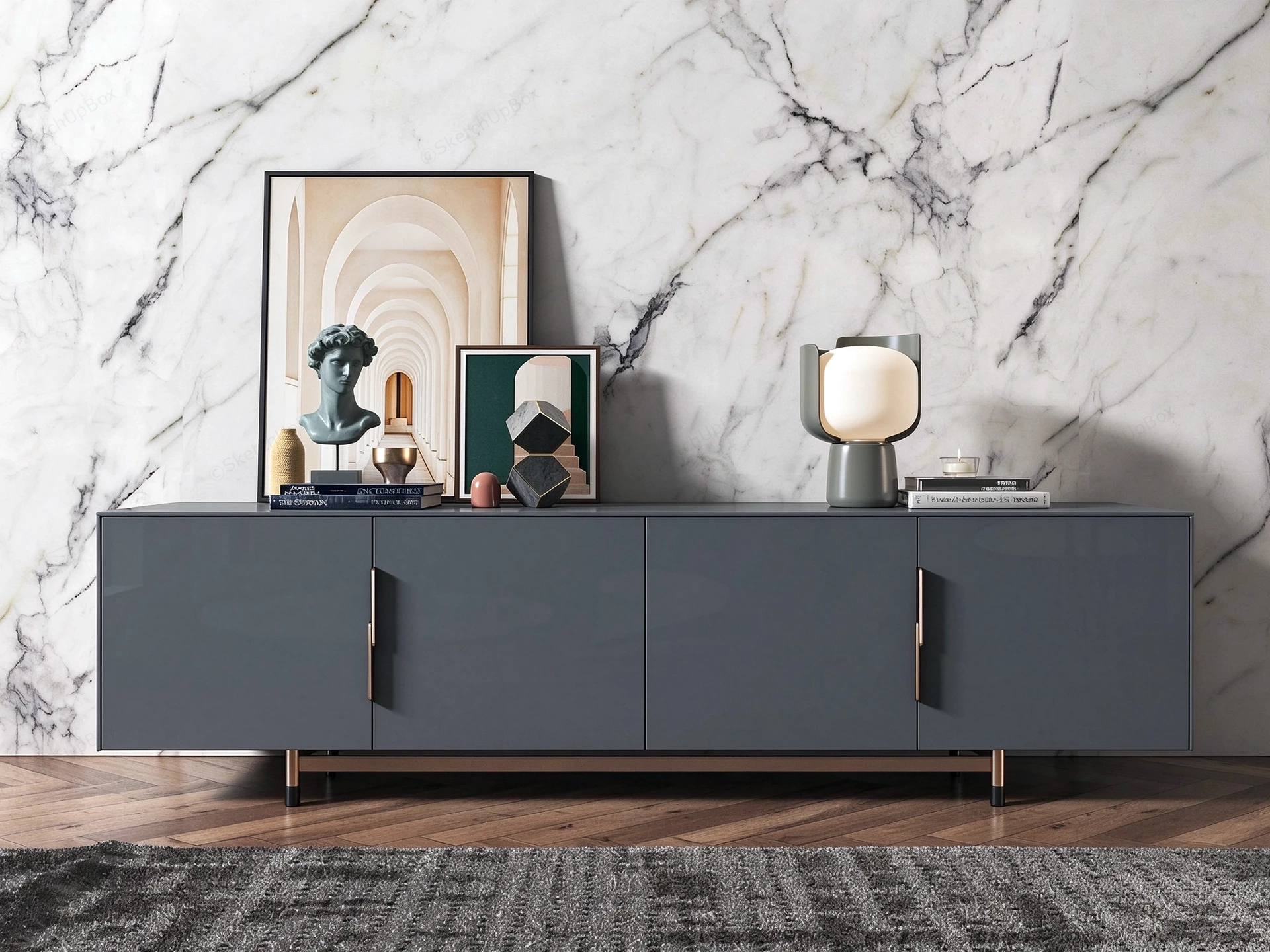 Modern Dark Grey Sideboard And Decor Sketchup 3D Model Preview - SketchupBox