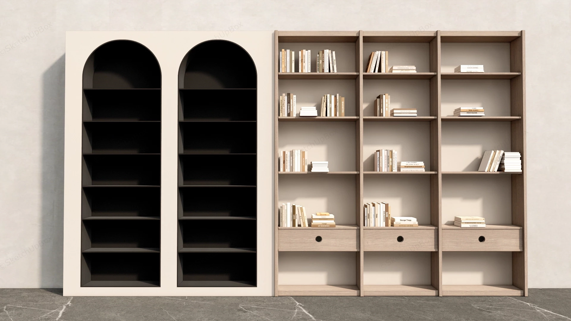 Modern Arched Alcove And Wooden Bookshelf Sketchup 3D Model Preview - SketchupBox