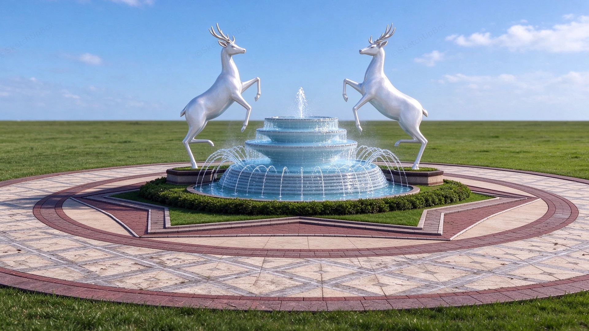Classic Rearing Deer Fountain And Plaza Sketchup 3D Model Preview - SketchupBox