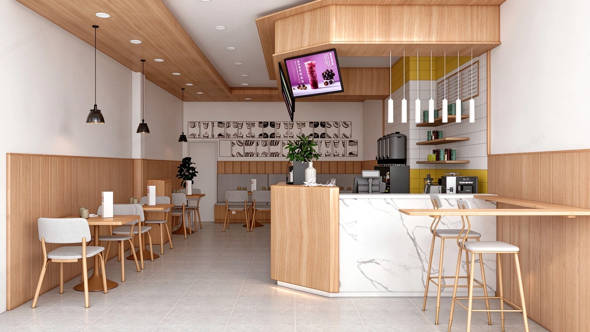 Modern Light Wood Cafe And Beverage Shop Interior Sketchup 3D Model Preview - SketchupBox