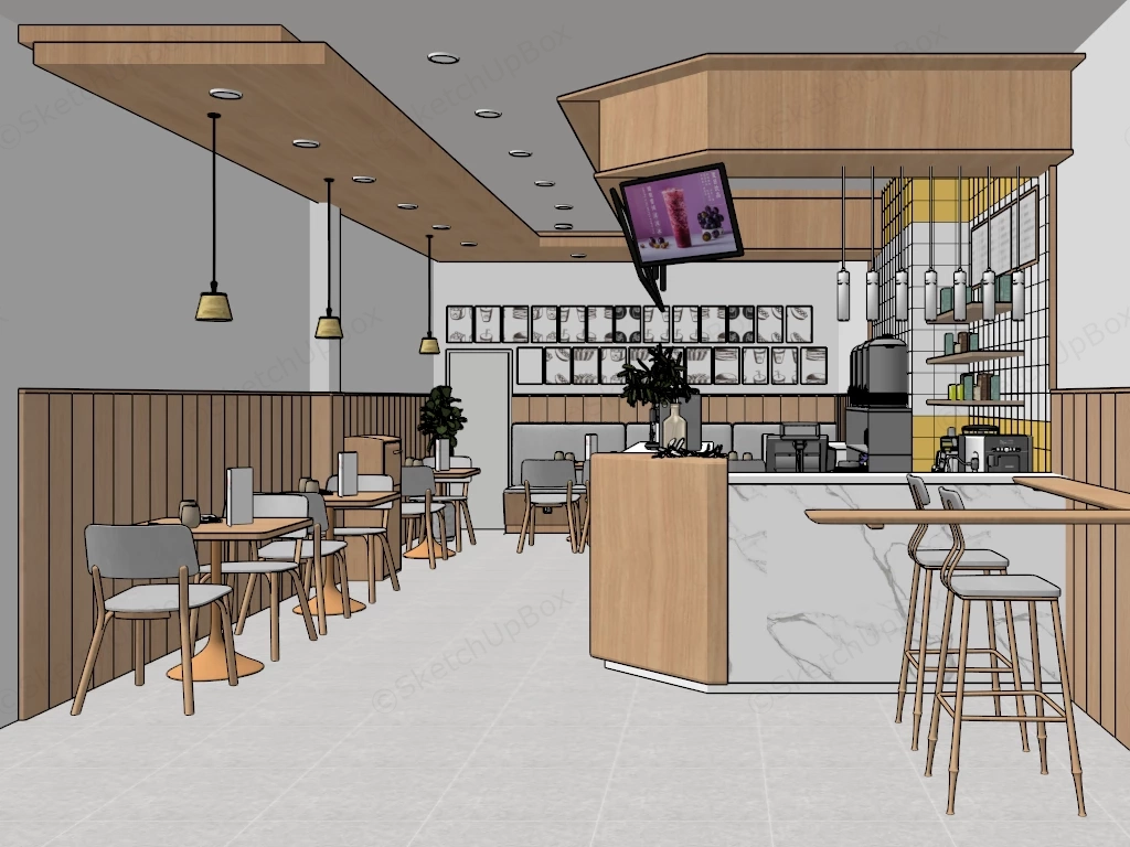 Modern Light Wood Cafe And Beverage Shop Interior Sketchup 3D Model Preview - SketchupBox