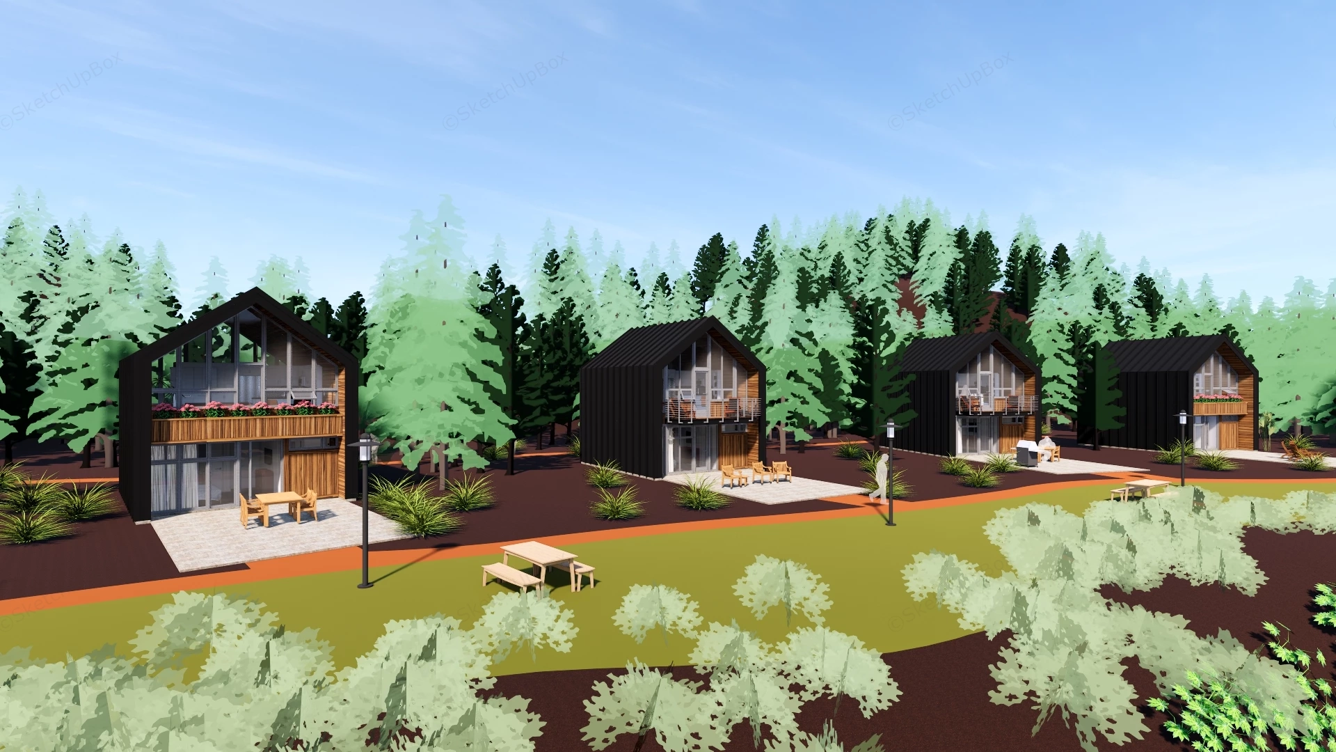 Modern Riverside Cabin Resort Plan Sketchup 3D Model Preview - SketchupBox