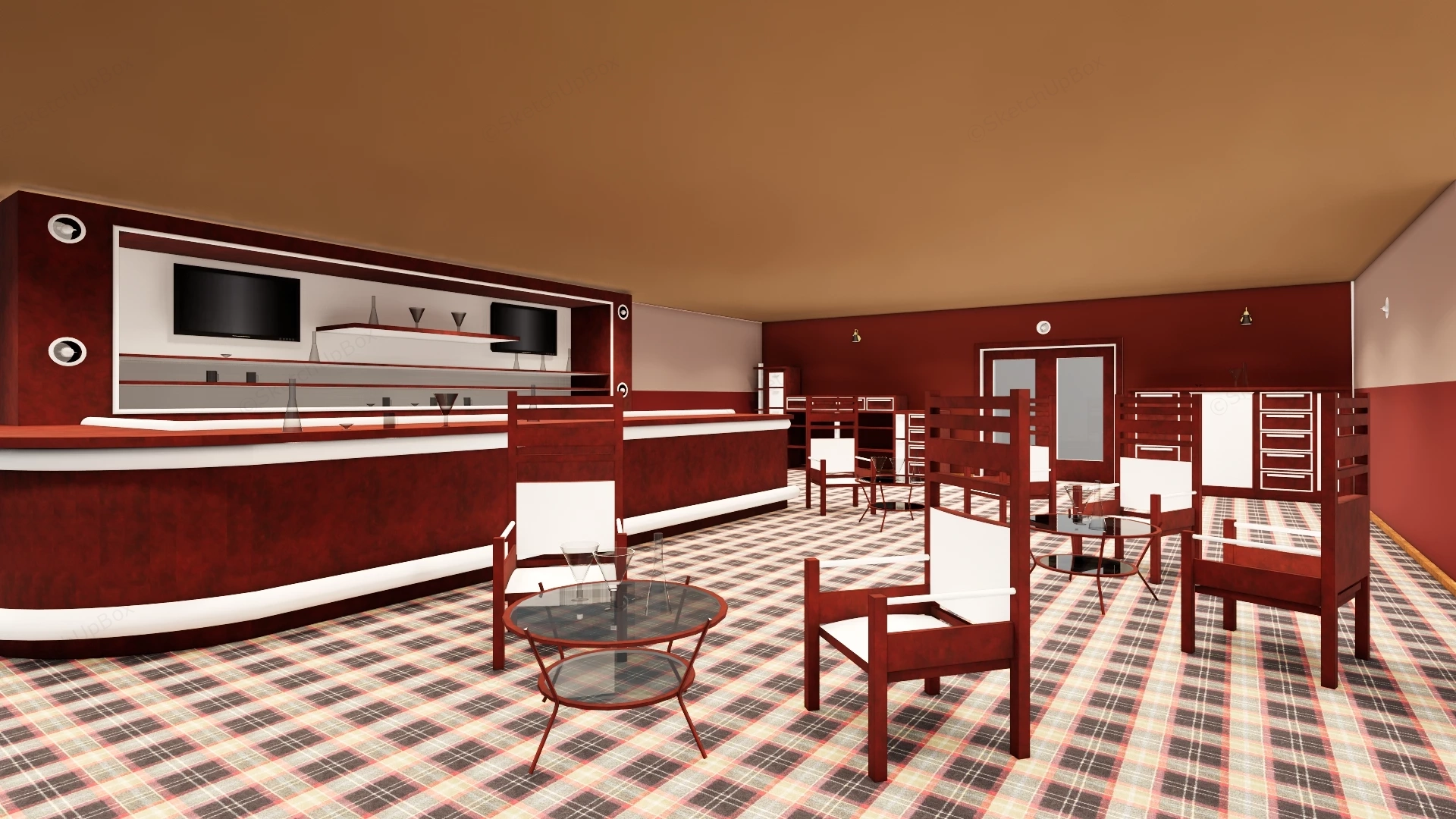 Retro Red Lounge And Bar Interior Sketchup 3D Model Preview - SketchupBox