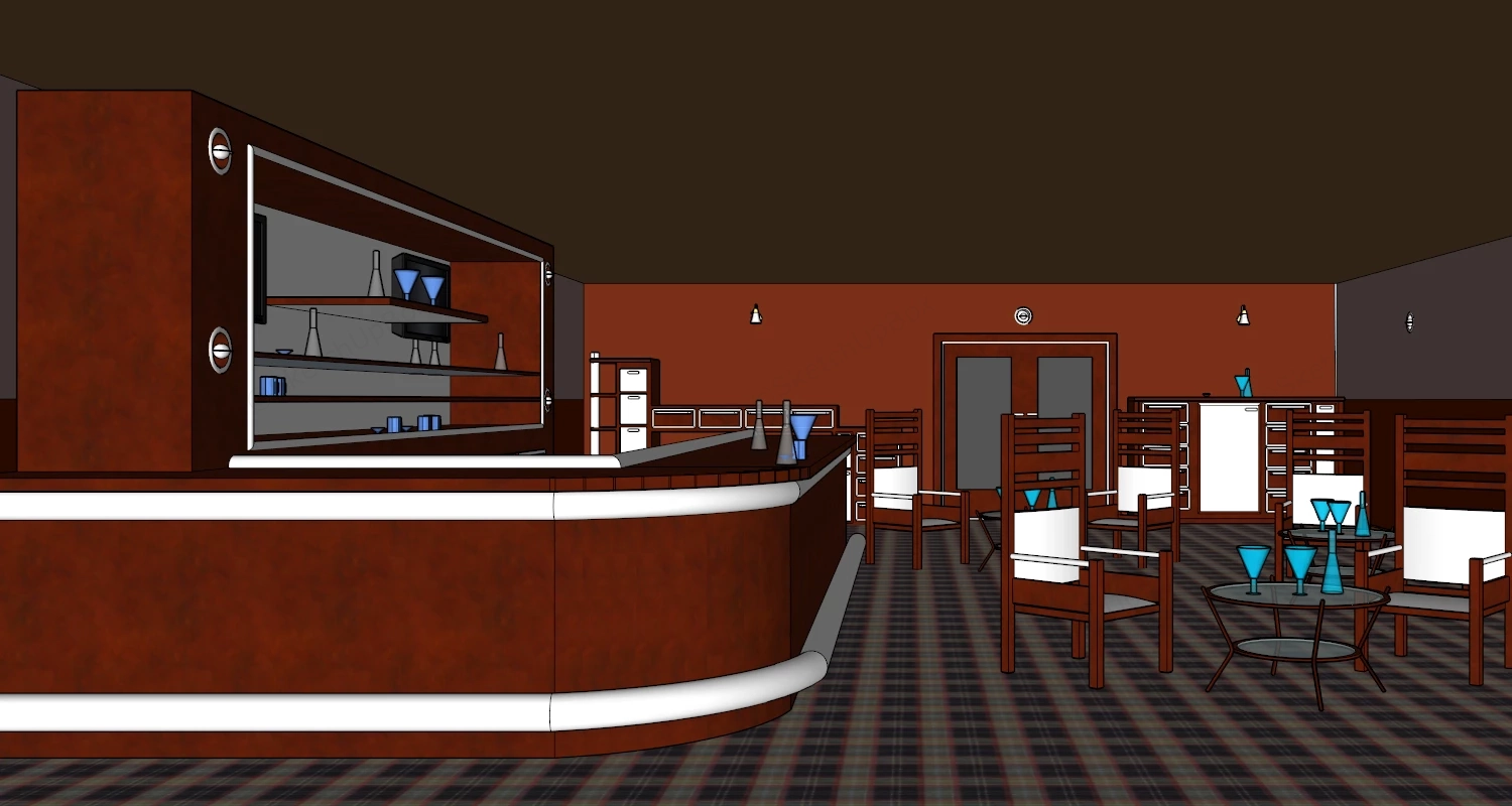 Retro Red Lounge And Bar Interior Sketchup 3D Model Preview - SketchupBox
