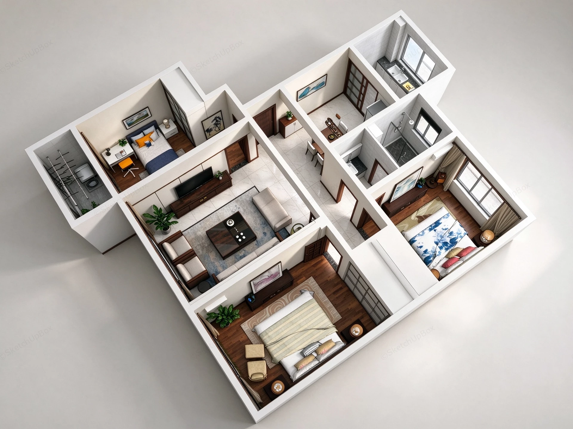 Modern 3D Residential Apartment Floor Plan Sketchup 3D Model Preview - SketchupBox