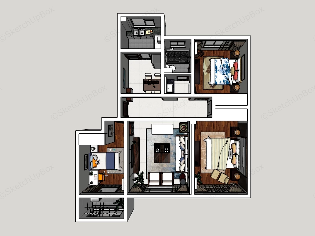Modern 3D Residential Apartment Floor Plan Sketchup 3D Model Preview - SketchupBox