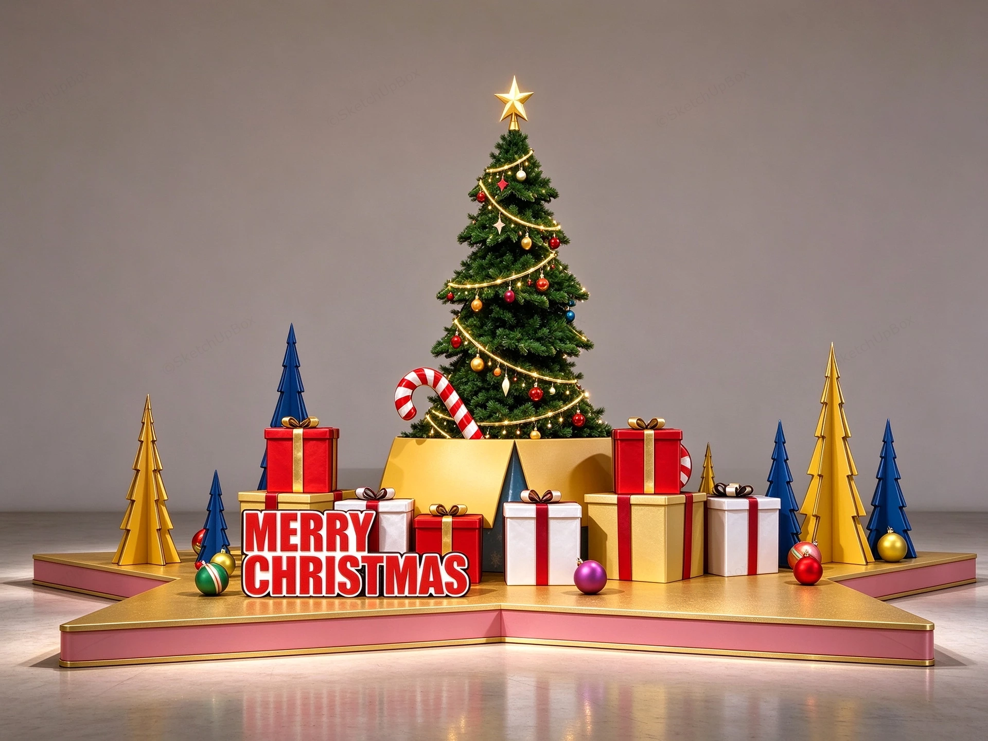 Festive Christmas Tree And Star Podium Display Sketchup 3D Model Preview - SketchupBox