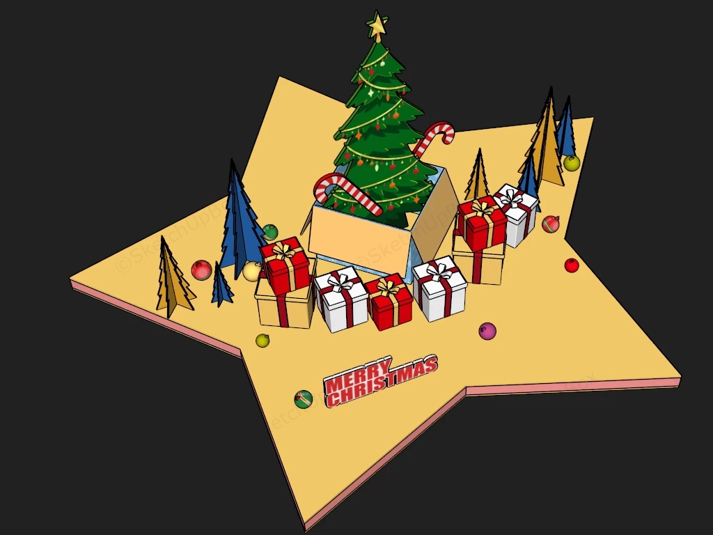 Festive Christmas Tree And Star Podium Display Sketchup 3D Model Preview - SketchupBox