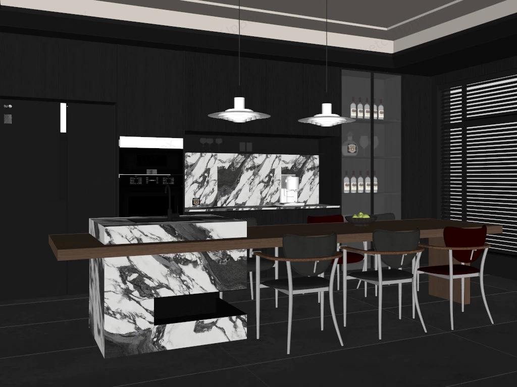 Modern Dark Style Kitchen And Dining Room Sketchup 3D Model Preview - SketchupBox