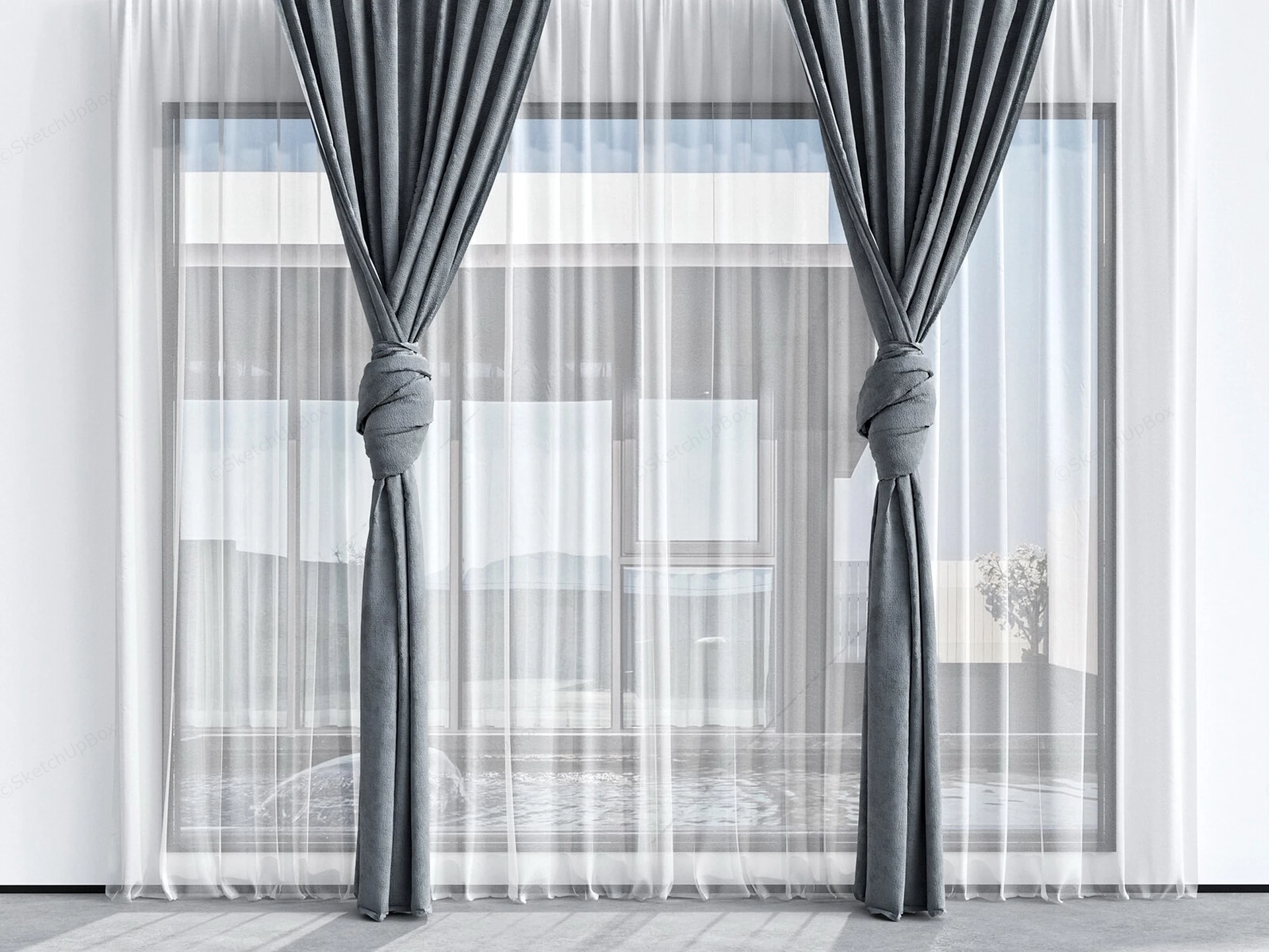 Modern Dark Grey Knotted Curtains With Sheer Drapes Sketchup 3D Model Preview - SketchupBox