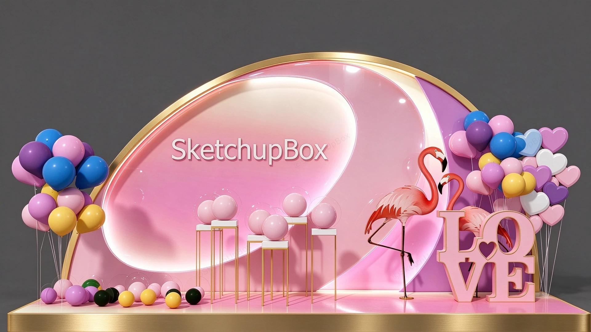 Romantic Pink Flamingo Event Backdrop Display Sketchup 3D Model Preview - SketchupBox