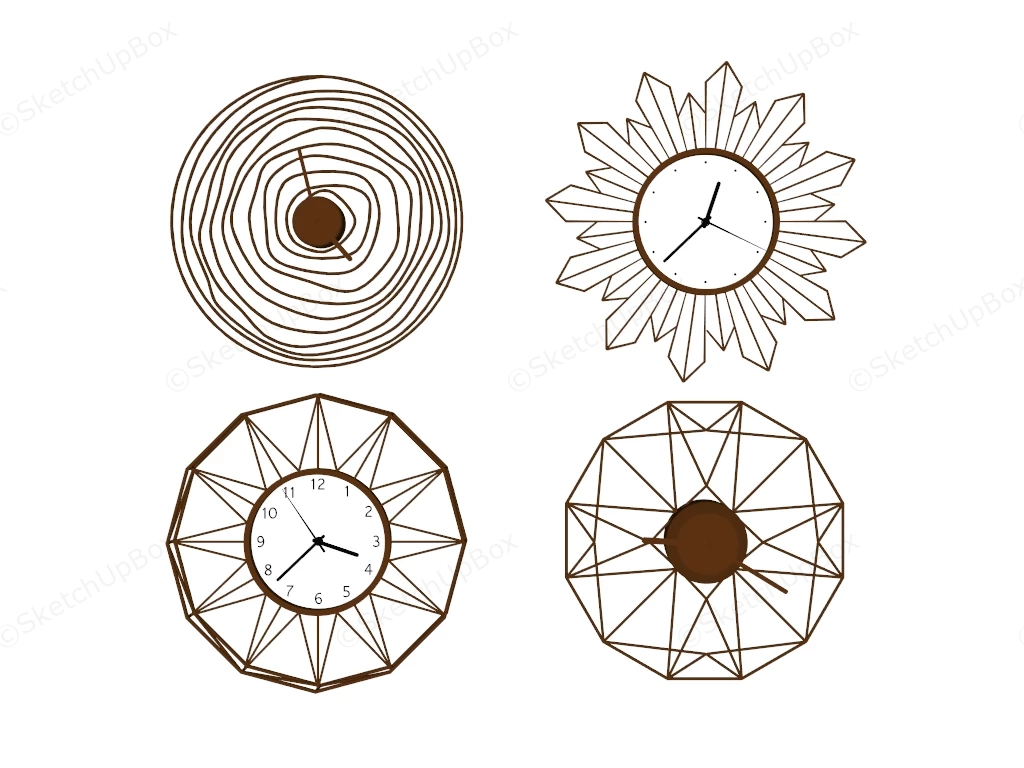 Modern Gold Wireframe Wall Clocks Collection Sketchup 3D Model Preview - SketchupBox