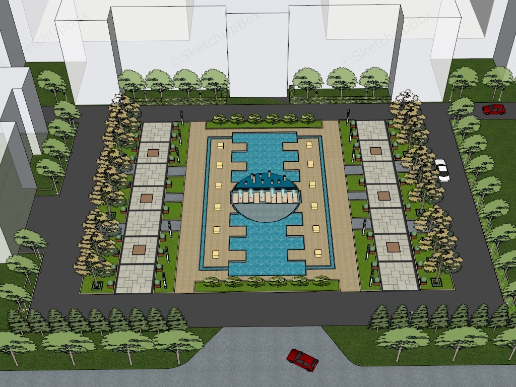 Modern Symmetrical Urban Park Public Plaza And Water Feature Sketchup 3D Model Preview - SketchupBox