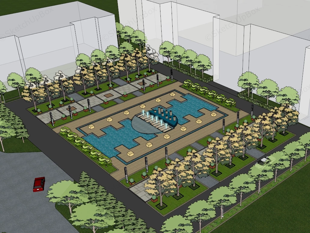 Modern Symmetrical Urban Park Public Plaza And Water Feature Sketchup 3D Model Preview - SketchupBox