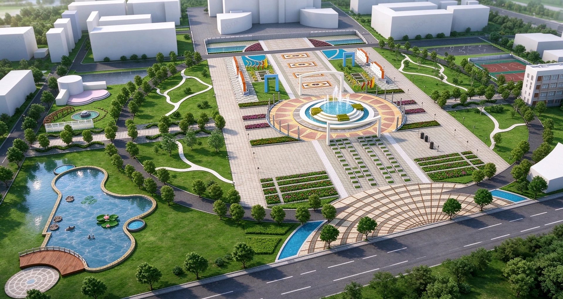 Modern Urban Plaza And Ecological Park Plan Sketchup 3D Model Preview - SketchupBox