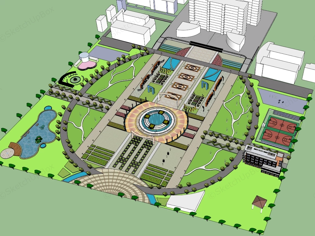 Modern Urban Plaza And Ecological Park Plan Sketchup 3D Model Preview - SketchupBox