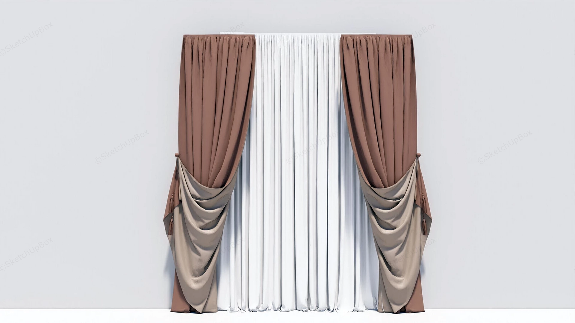 Modern Brown And Beige Layered Curtains Sketchup 3D Model Preview - SketchupBox