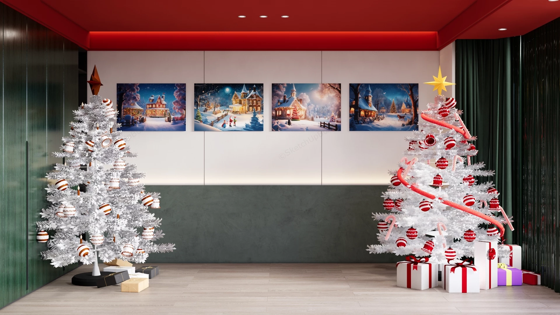 Festive Christmas Interior Staging And Decorated Trees Sketchup 3D Model Preview - SketchupBox