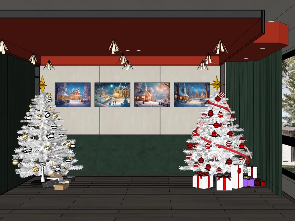 Festive Christmas Interior Staging And Decorated Trees Sketchup 3D Model Preview - SketchupBox