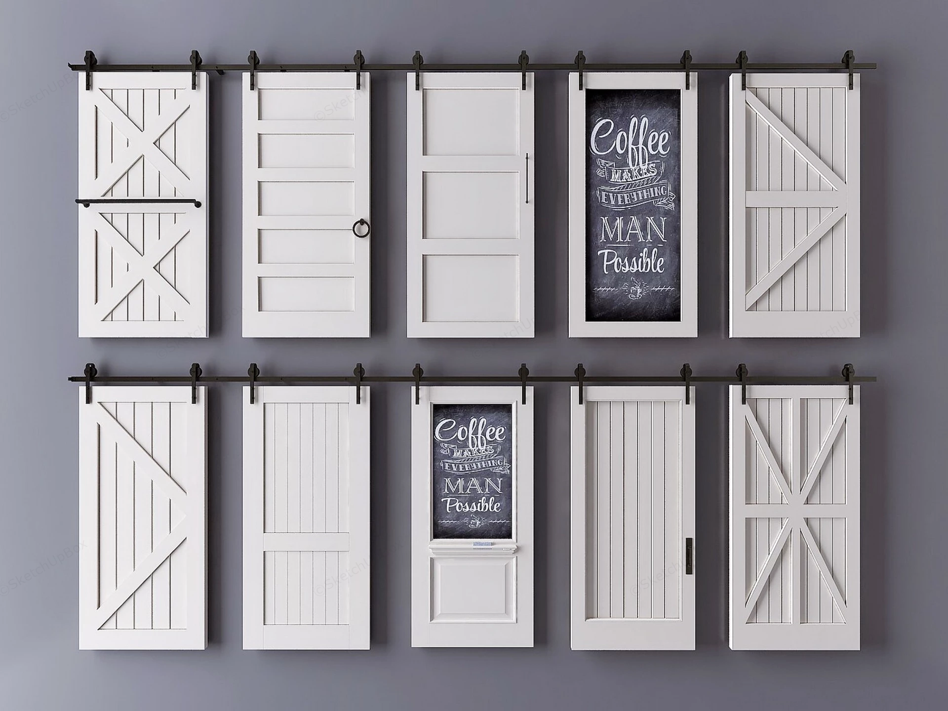 Comprehensive White Sliding Barn Doors Collection Sketchup 3D Model Preview - SketchupBox