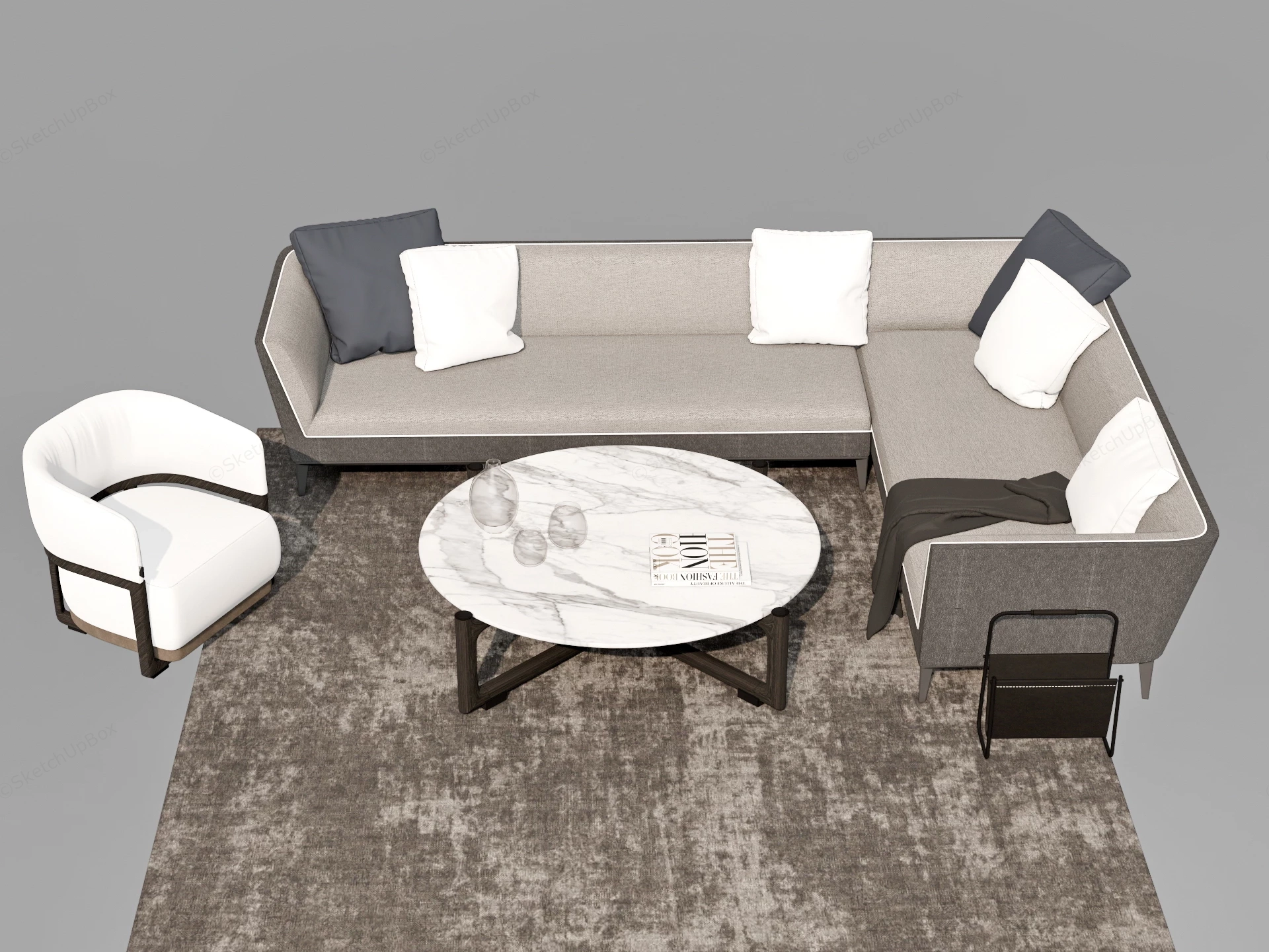 Modern L Shaped Sectional Sofa And Living Room Furniture Set Sketchup 3D Model Preview - SketchupBox