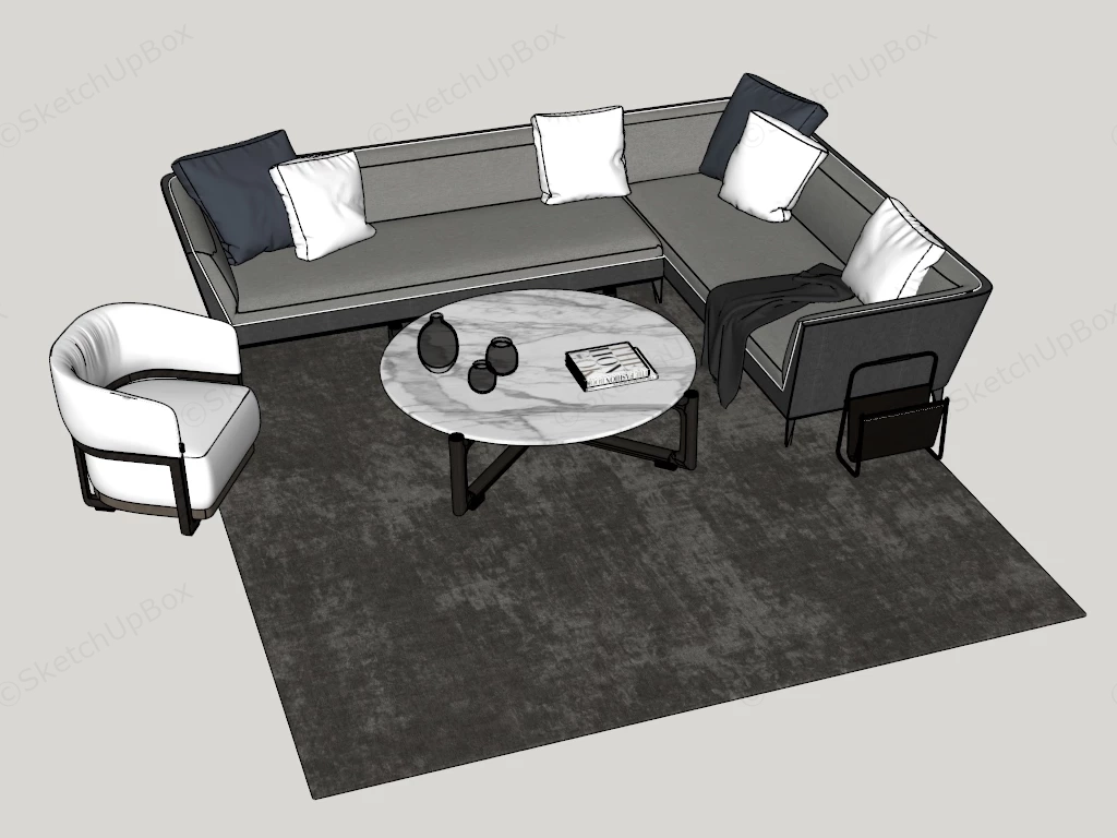 Modern L Shaped Sectional Sofa And Living Room Furniture Set Sketchup 3D Model Preview - SketchupBox