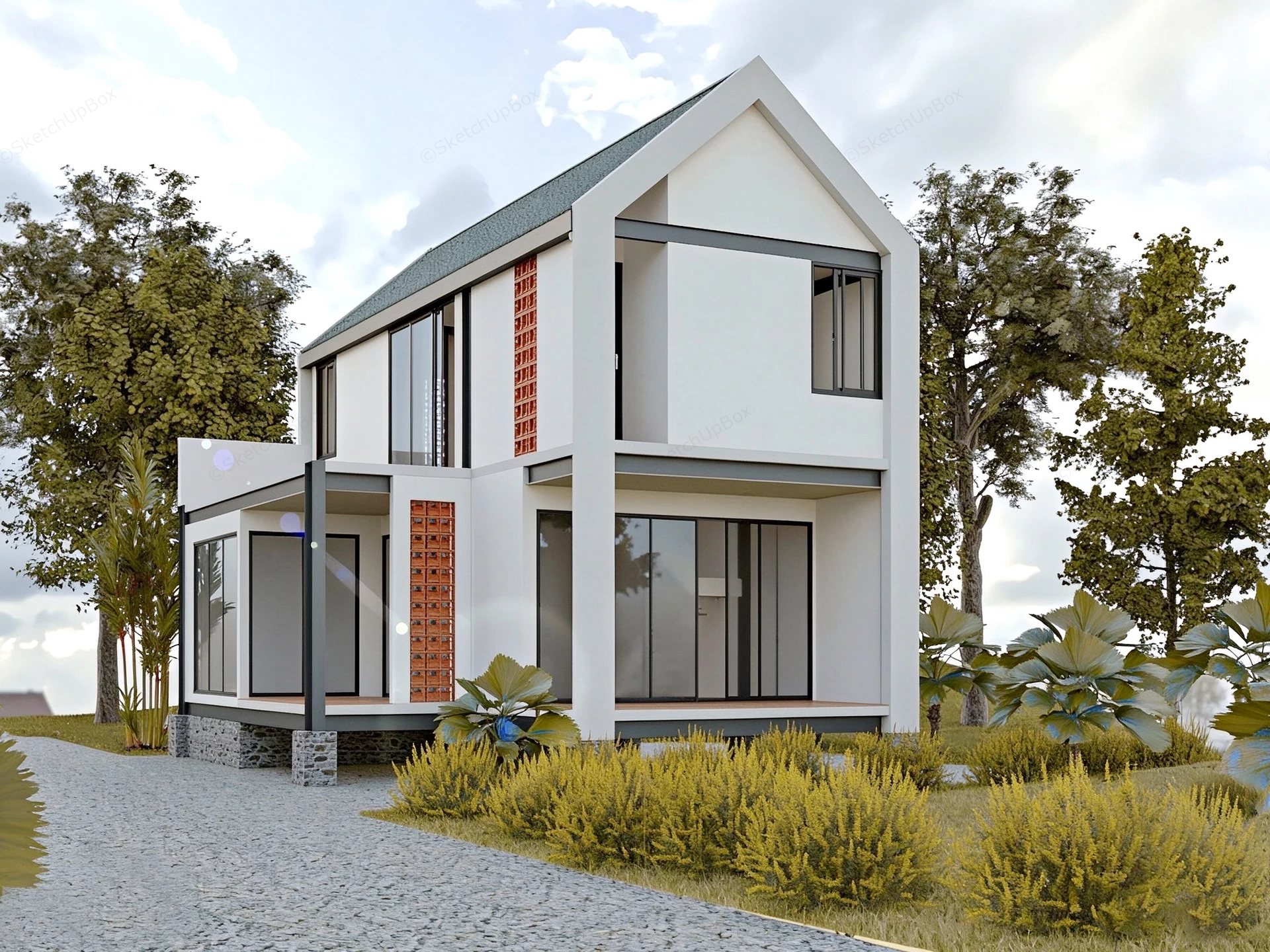 Modern Two Story Residential House Sketchup 3D Model Preview - SketchupBox