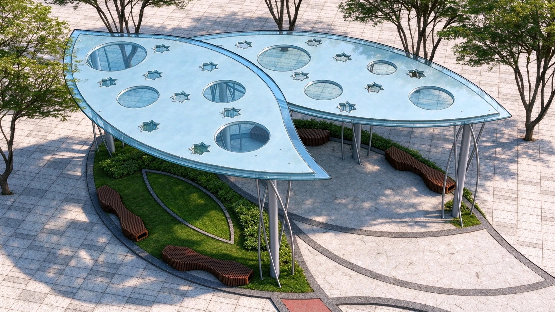 Modern Leaf Shaped Glass Pavilion With Urban Seating Sketchup 3D Model Preview - SketchupBox
