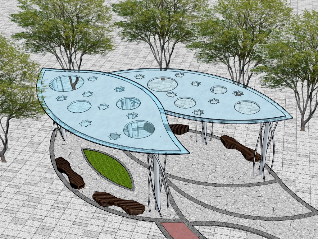 Modern Leaf Shaped Glass Pavilion With Urban Seating Sketchup 3D Model Preview - SketchupBox