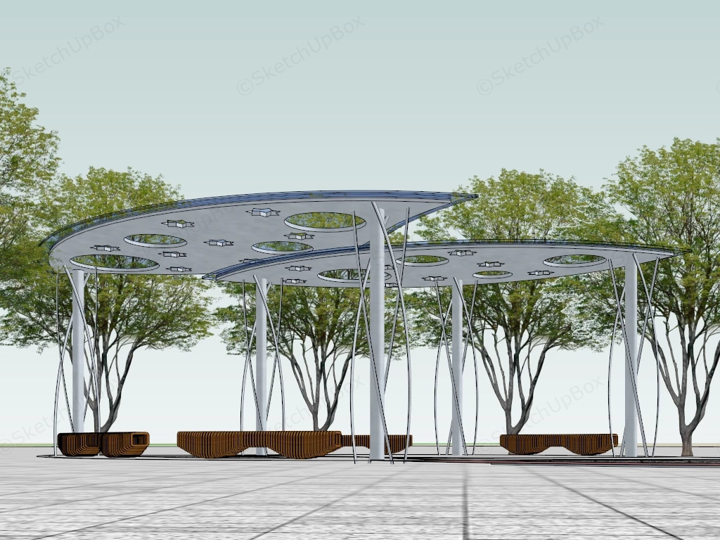 Modern Leaf Shaped Glass Pavilion With Urban Seating Sketchup 3D Model Preview - SketchupBox