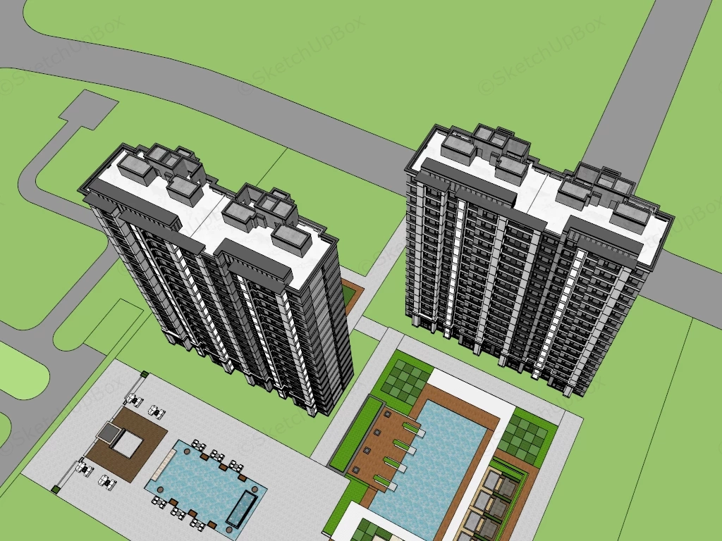 Modern High Rise Residential Apartment Buildings Sketchup 3D Model Preview - SketchupBox