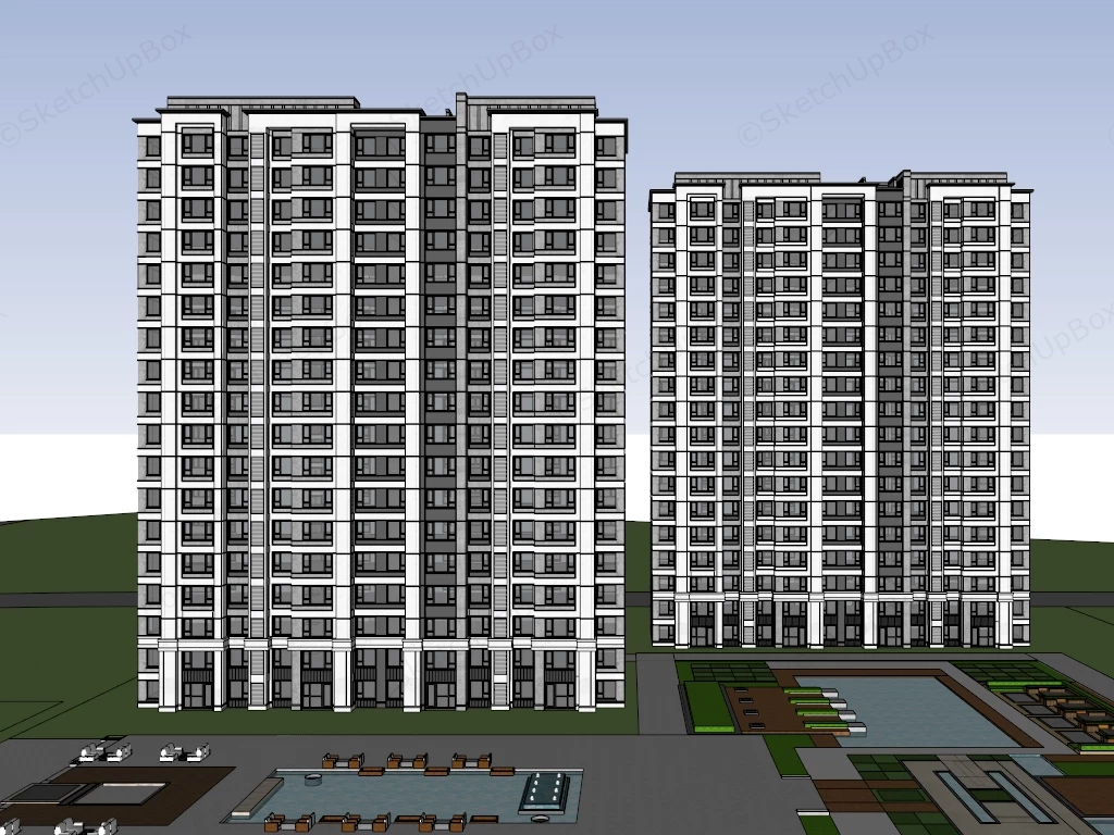 Modern High Rise Residential Apartment Buildings Sketchup 3D Model Preview - SketchupBox
