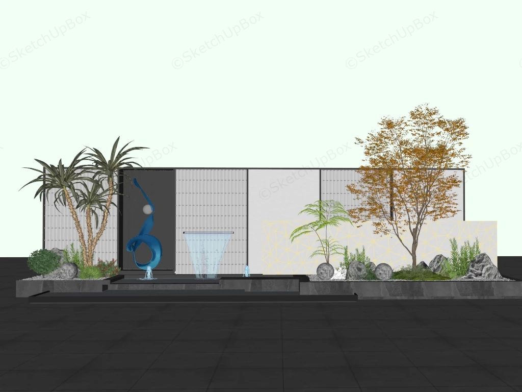 Modern Landscape Courtyard With Water Features Sketchup 3D Model Preview - SketchupBox