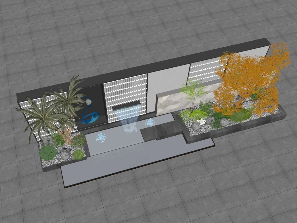Modern Landscape Courtyard With Water Features Sketchup 3D Model Preview - SketchupBox