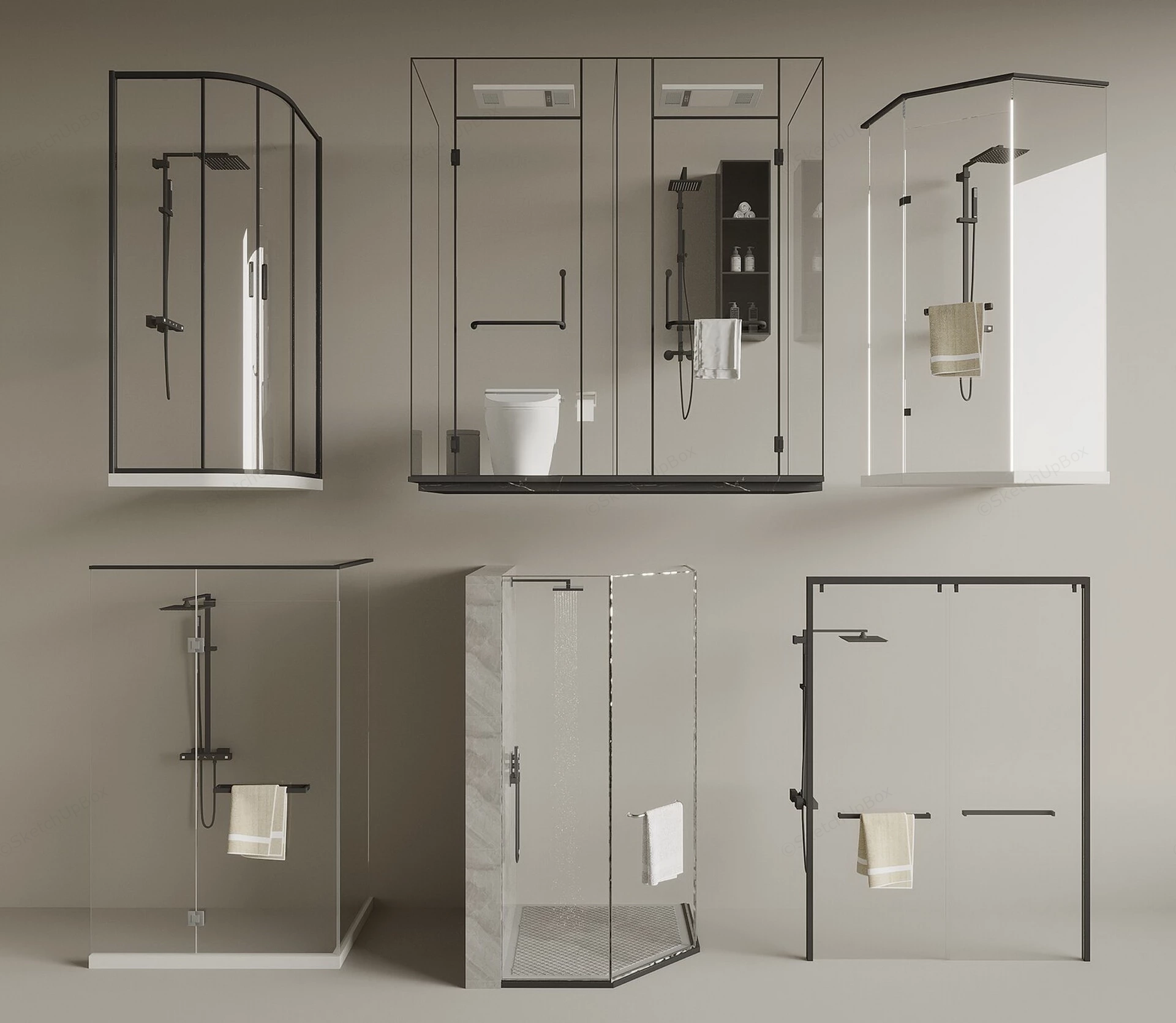 Modern Glass Shower Enclosures And Cabins Collection Sketchup 3D Model Preview - SketchupBox