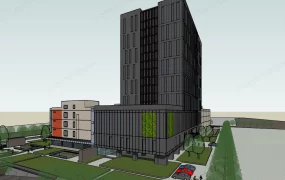 Modern Commercial Mixed Use Tower & Podium Complex SketchUp 3D Model