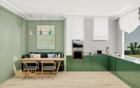 Green And White Kitchen With Dining Area