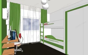 Green And White Kids Room With Bunk Bed