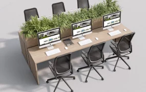 Modern 6 Person Office Workstation Cluster With Integrated Planters SketchUp 3D Model