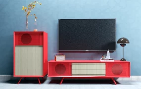 Red & Wood TV Console & Side Cabinet Set SketchUp 3D Model