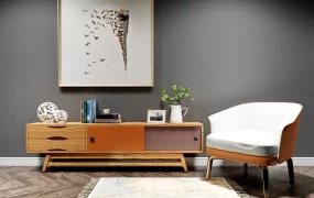 White Accent Chair And Wood Sideboard