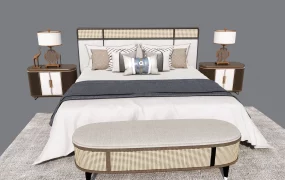 Modern Rattan & Wood Upholstered Bed Set SketchUp 3D Model
