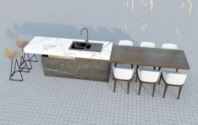 Wood And Marble Kitchen Island And Bar