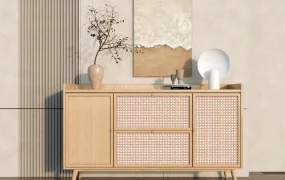 Modern Japandi Rattan & Oak Wood Sideboard Credenza SketchUp 3D Model