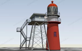 Red Lighthouse With Attached Stairs