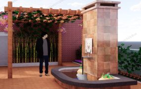 Small Terrace With Pergola And Fountain