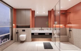 Coral And Beige Bathroom