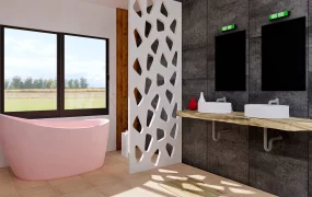 Rustic Bathroom With Pink Tub