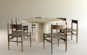 Japandi Wooden Round Dining Table And Woven Chair Set SketchUp 3D Model
